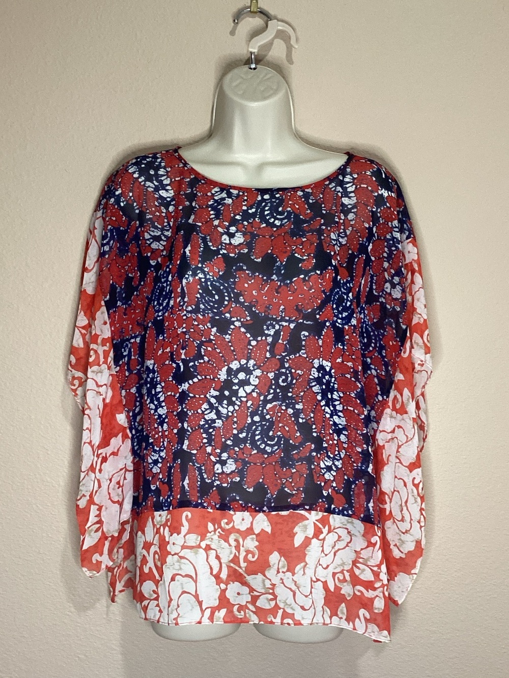 Michael Kors Navy and Red Floral Sheer Blouse